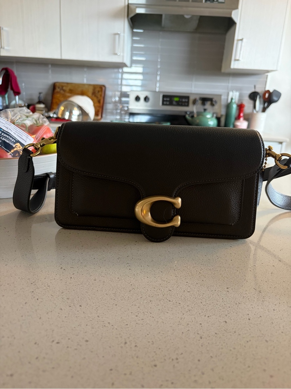 Coach Black Leather Crossbody with Gold 'C' Accent